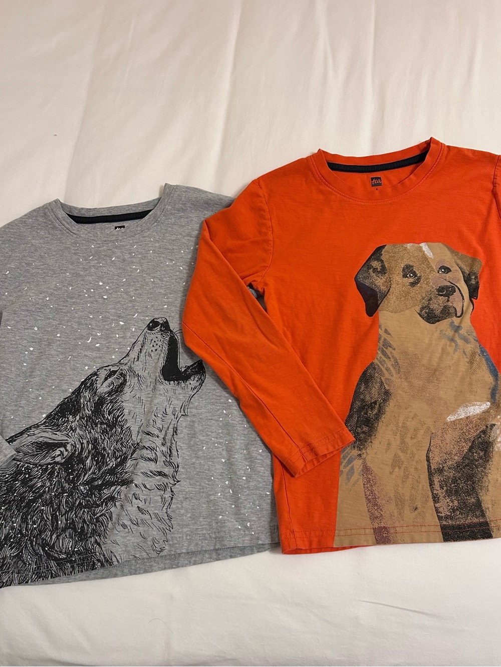 2 Long-Sleeve Tea Collection Graphic T-shirts - Wolf and Dog, Size 8